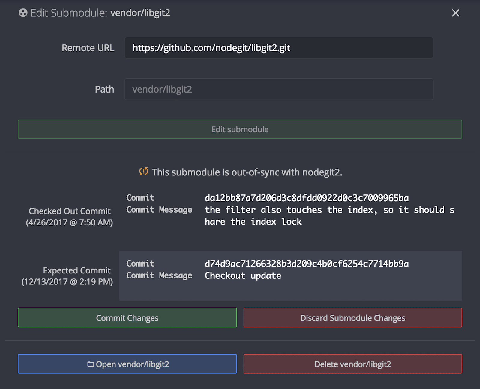 GitKraken Desktop interface showing submodule vendor/libgit2 out-of-sync, with options to commit or discard changes, and view or delete the submodule