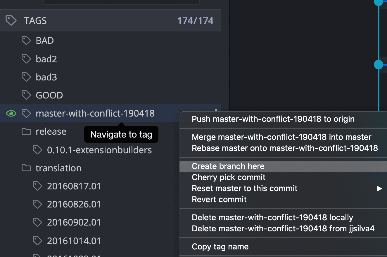 GitKraken Desktop tag context menu showing options to push, merge, rebase, create branch, and more. The `create a branch` option is selected.