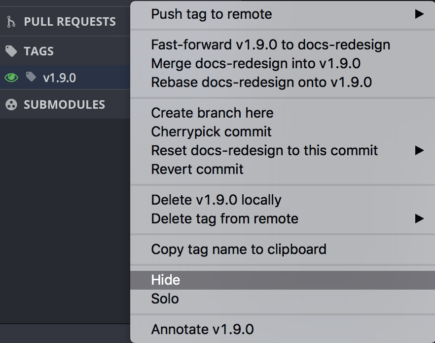 GitKraken Desktop context menu for a tag with options to push, merge, rebase, create branch, and delete
