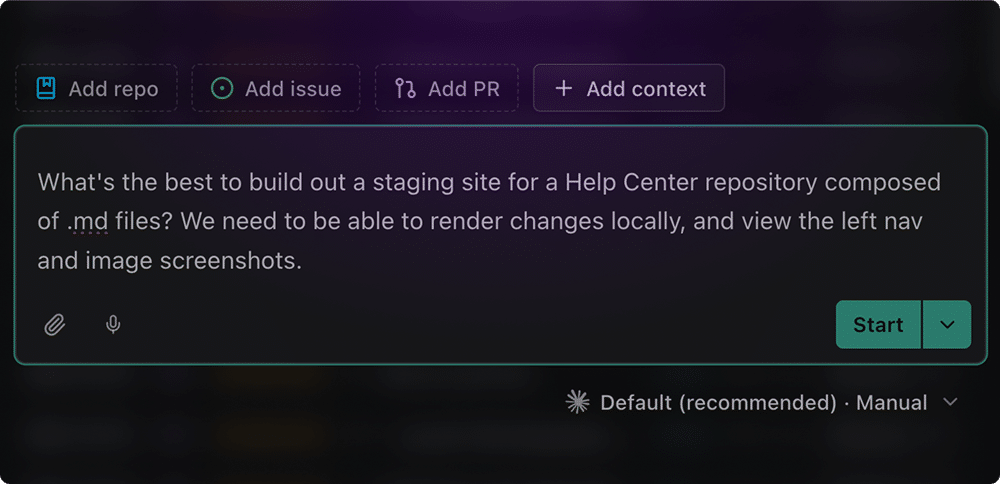 The Task creation composer, with a prompt typed in and no repo, issue, or pull request attached