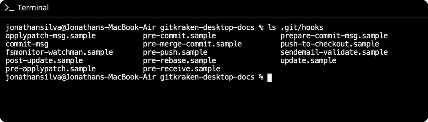 Terminal output showing contents of the .git/hooks directory including various sample hook scripts