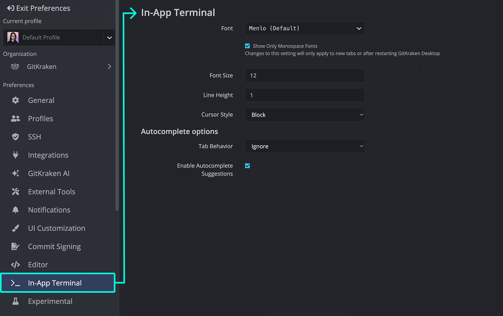 GitKraken Desktop Preferences window with In-App Terminal settings selected. Options visible include font selection, font size, line height, cursor style, and autocomplete behavior.