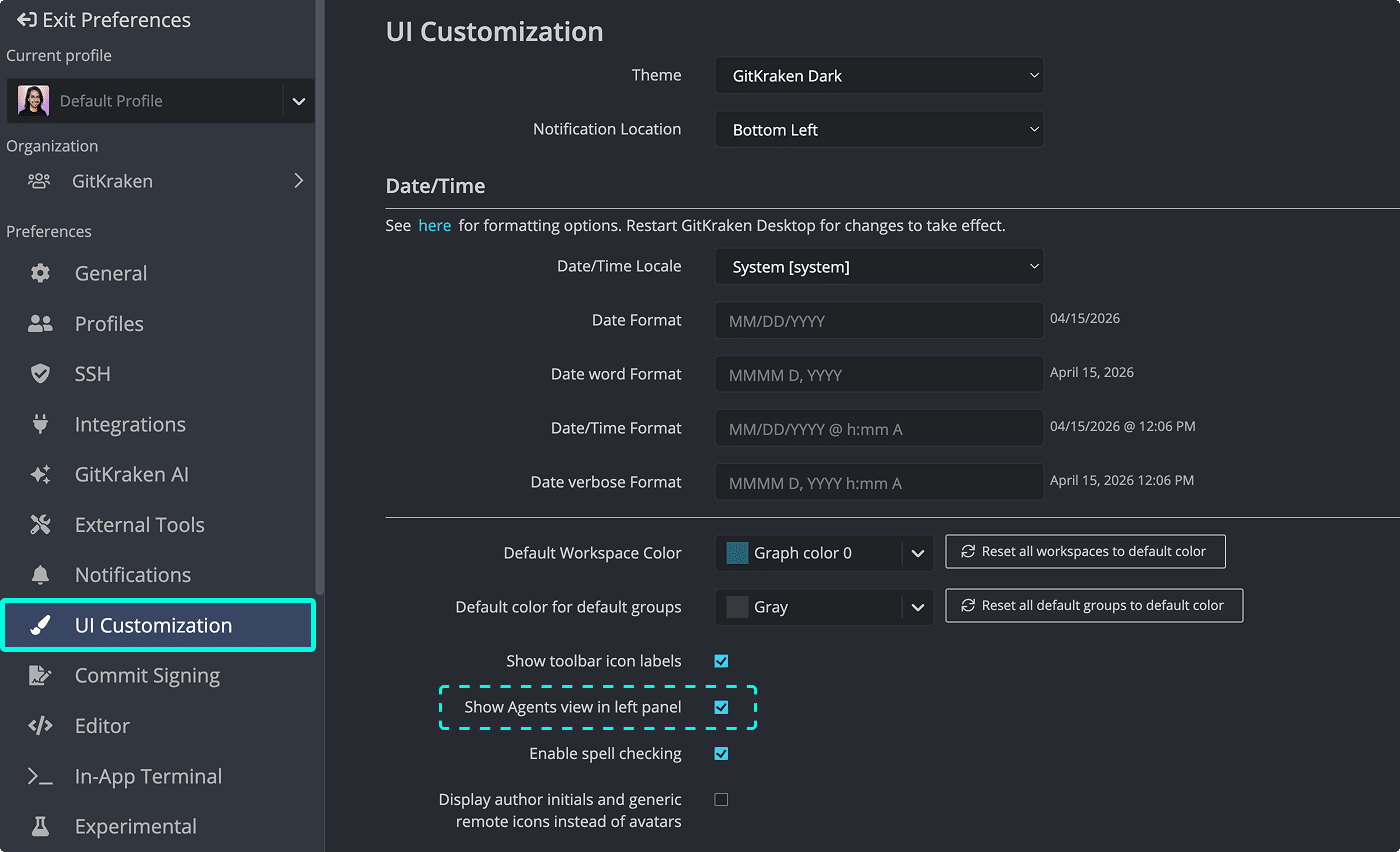 GitKraken Desktop Preferences showing the UI Customization section with the Show Agents view in left panel setting that controls whether the List and Agents toggle appears in the Left Panel.