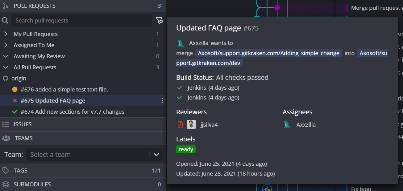 GitHub tooltip in GitKraken Desktop showing pull request details including title, branches, build status, reviewers, assignees, labels, and timestamps