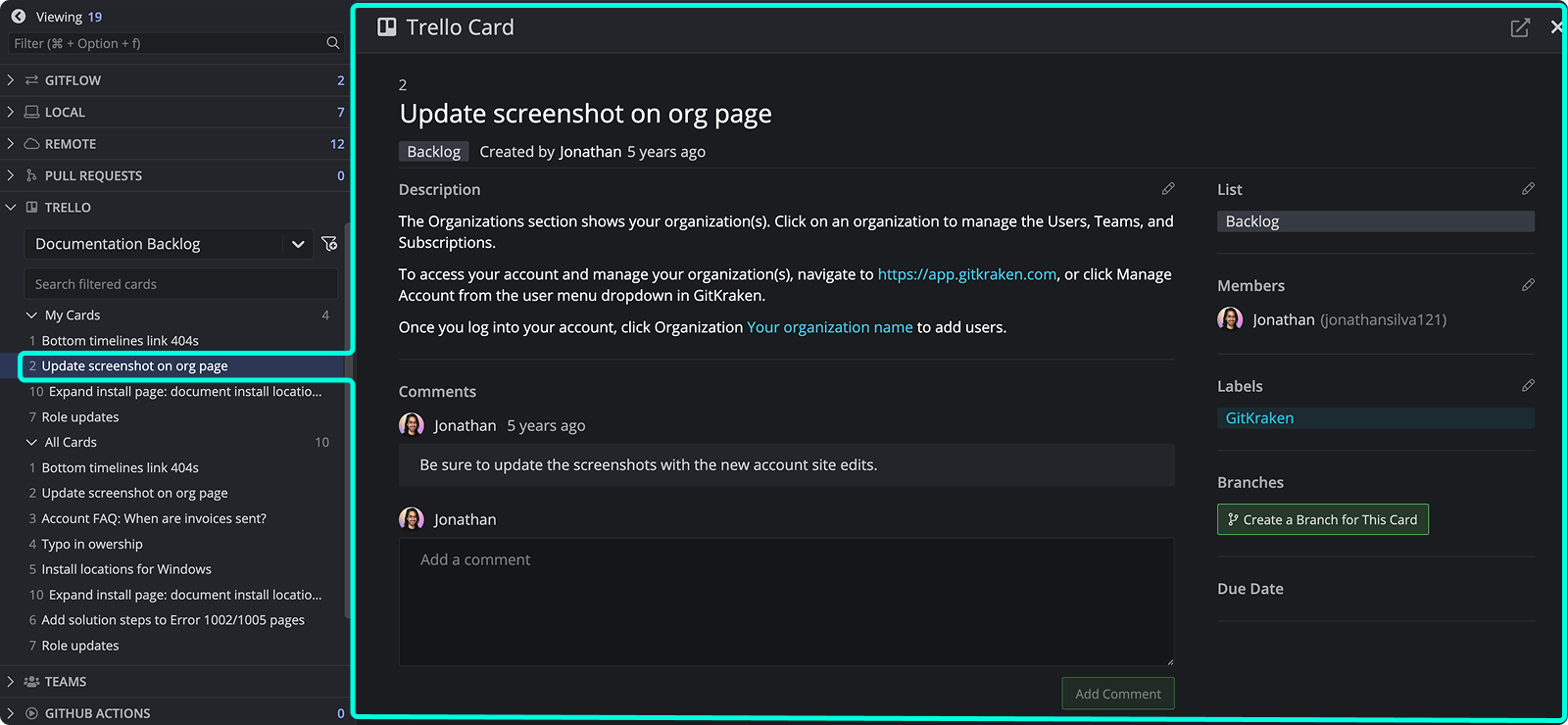Trello card detail view