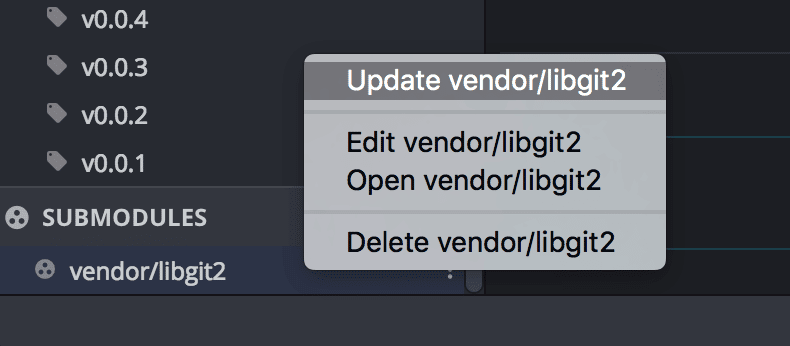 Context menu in GitKraken Desktop showing options to update, edit, open, or delete the submodule vendor/libgit2