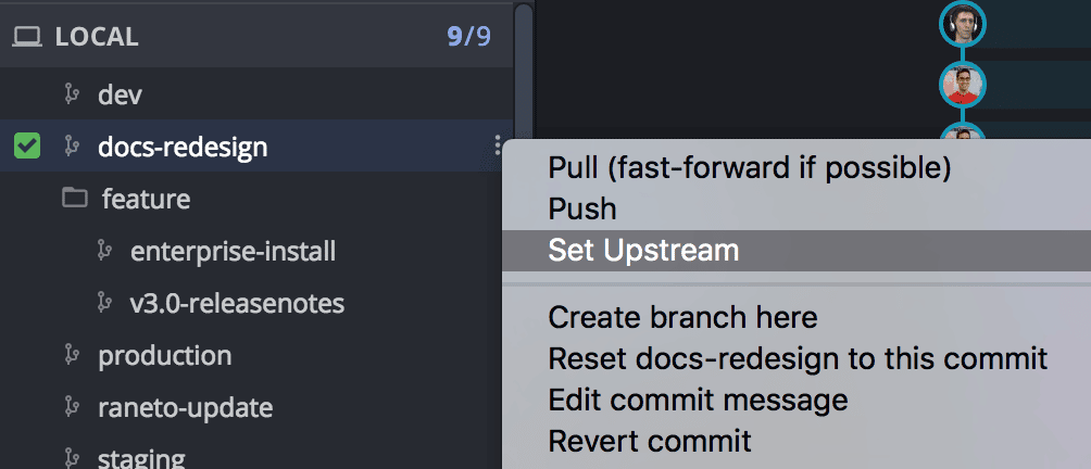 GitKraken Desktop context menu with 'Set Upstream' option selected