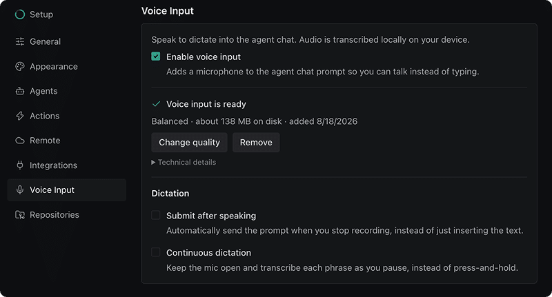 The Settings → Voice Input page, with Enable voice input on, the downloaded model's status, and Dictation options