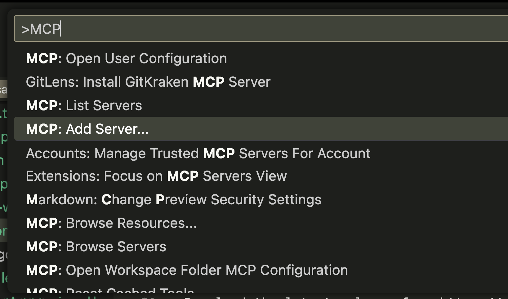 Command palette showing MCP: Add server option in VS Code.