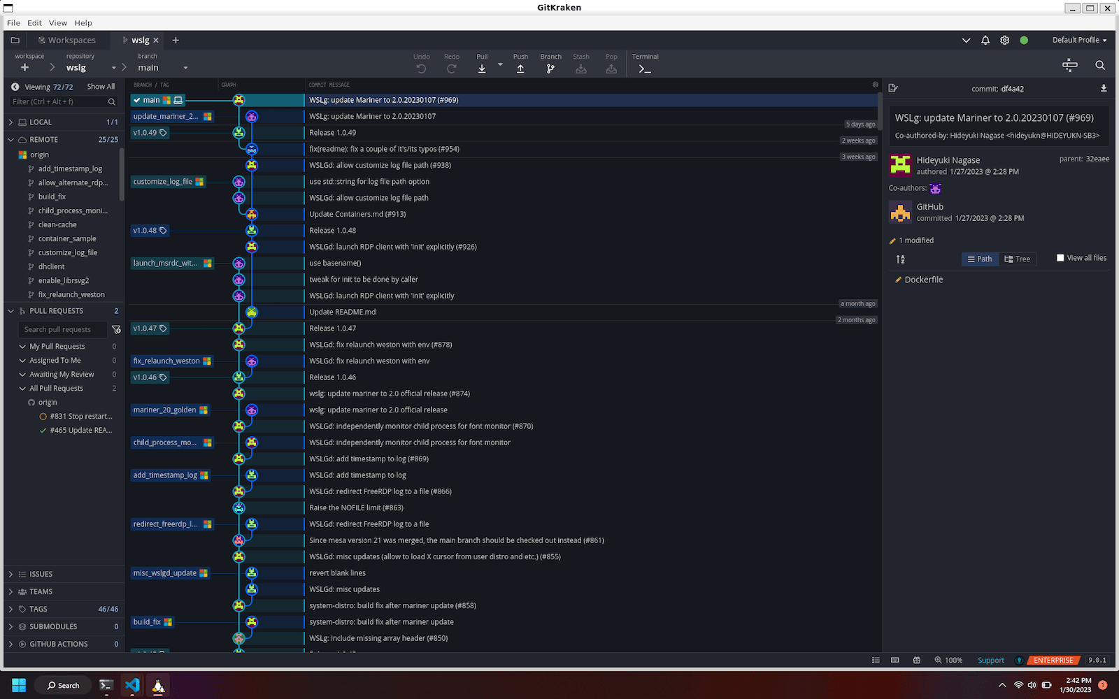 Full-screen view of GitKraken Desktop running on a WSL 2 environment with the repository, branches, commit graph, and details visible.